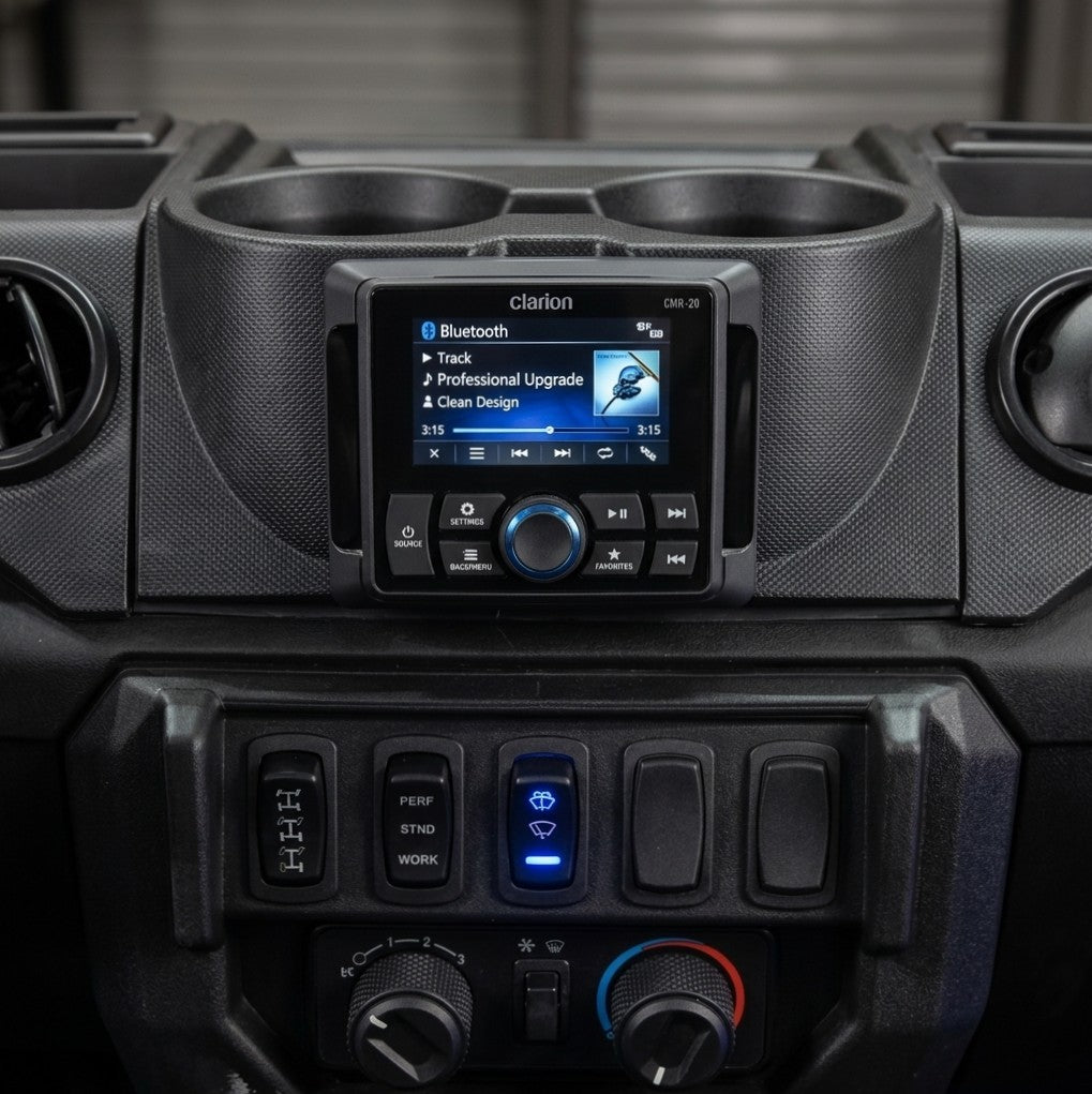 2025 - 2027 Polaris Ranger XP 1000 Dash Mounted Audio Kit - Clarion CMR30 Media Receiver - Rockford Fosgate Front Speakers / 50 Watts x 4 / Keeps the cupholders