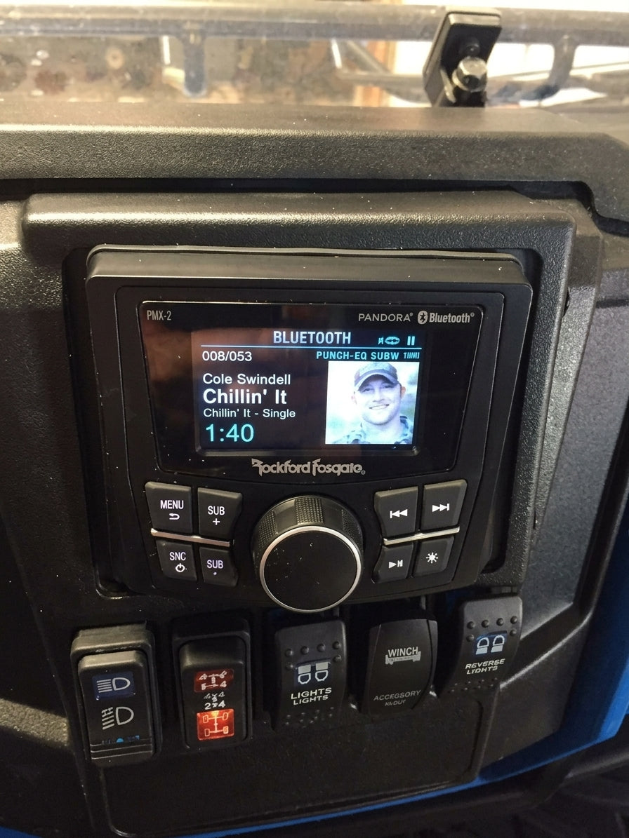 2013-2019 Polaris Ranger Full Size XP 570/900/1000 Dash Mounted Audio Kit - Rockford Fosgate PMX-1 Media Receiver - 6" Rockford Fosgate LED Equipped Speakers - FM/AM - Bluetooth - Plug and Play - 100% Weather Proof