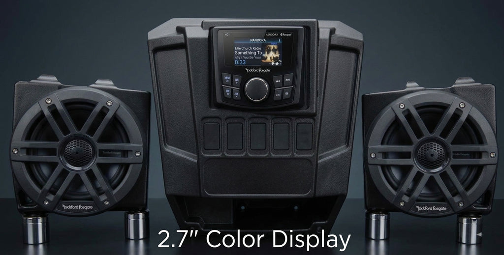 2013-2019 Polaris Ranger Full Size XP 570/900/1000 Dash Mounted Audio Kit - Rockford Fosgate PMX-2 Media Receiver - 6" Rockford Fosgate LED Equipped Speakers - FM/AM - Bluetooth - Plug and Play - 100% Weather Proof